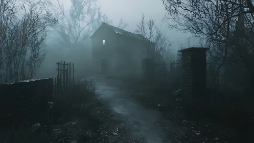 Foggy path leading to abandoned house with bare trees.