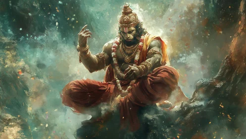 Divine warrior in meditative levitation amid swirling mists.