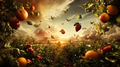 Floating fruit and vegetable field under dramatic sunset sky