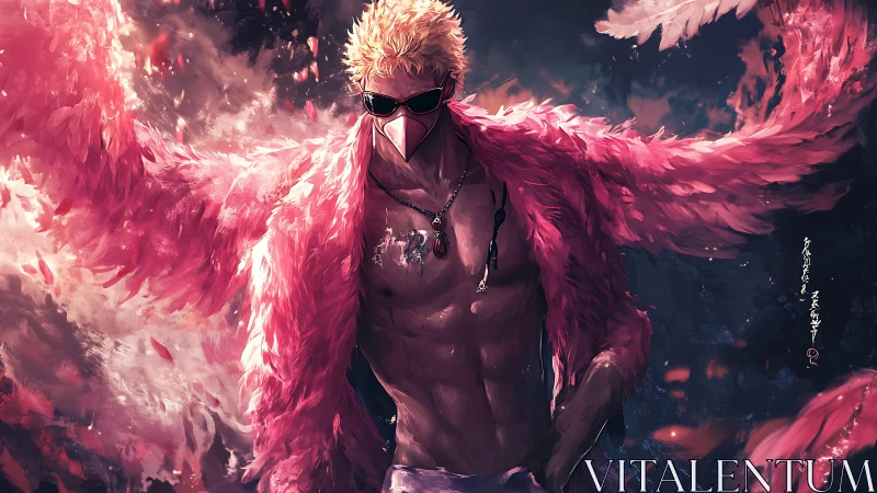 Pink feathered masked warrior in dramatic anime scene.