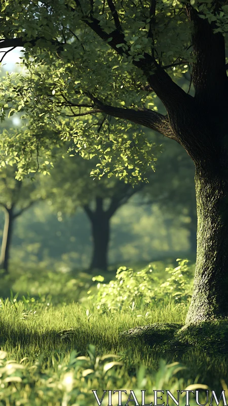 Sunlit Forest Tree with Green Canopy.