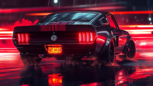 Neon-lit muscle car powers through a rainy cyber street.