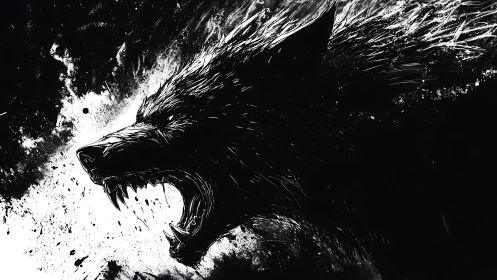 Monochrome ink werewolf profile in dynamic splatter composition.