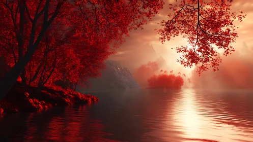 Cinematic crimson lakeside forest with luminous backlit haze.