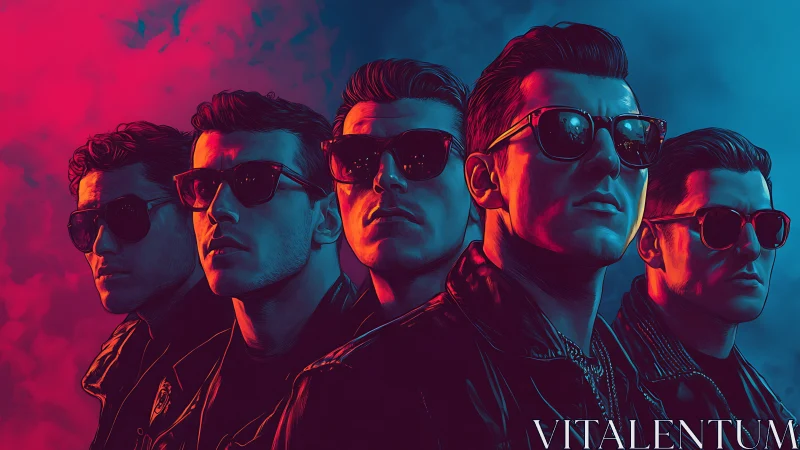 Neon-clad rebel quintet stride through electric dusk haze.