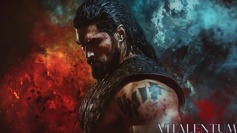 Warrior profile amid red and cyan elemental storm clouds.