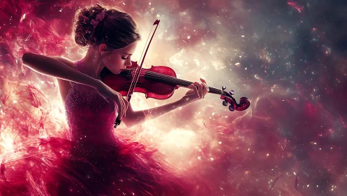 Violinist in crimson nebula dress amid glowing cosmos.