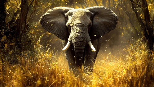 Majestic elephant strides through golden forest light.