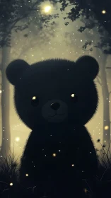 Backlit cartoon bear silhouette in glowing nocturnal forest