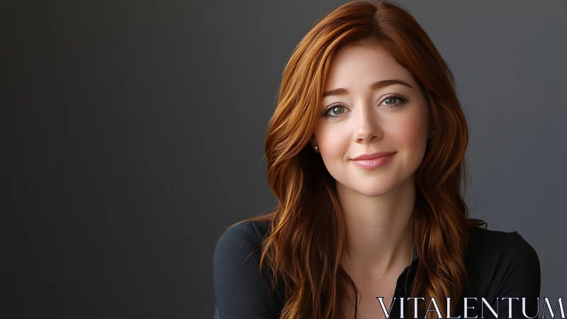Red-haired woman portrait against soft gray studio backdrop.