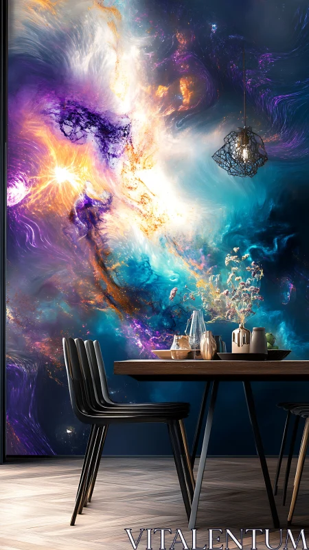 Cosmic nebula wall mural in contemporary dining interior design