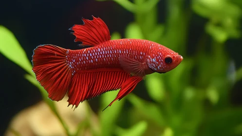Red betta fish with iridescent scales in lush green tank.