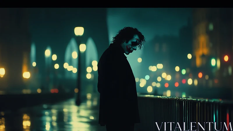 Solitary figure on wet city bridge at night faces railing