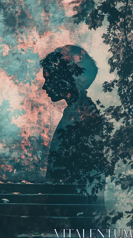 Dreamy silhouette walking between memory and nature.