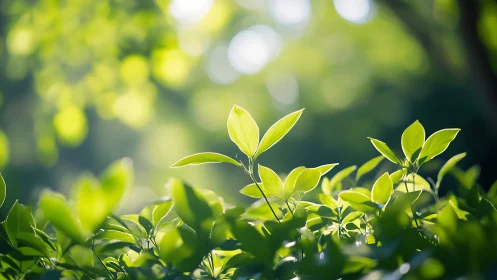 Gentle morning sunlight kissing tender green leaves softly.