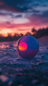 Digital painting of reflective sphere at neon dusk shoreline.