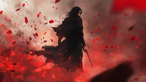 Lone swordsman strides through crimson storm of petals