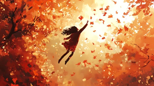 Digital painting of girl suspended in luminous autumn foliage.