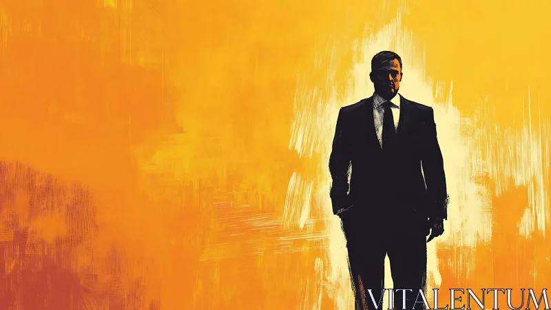 Silhouetted man in suit against textured orange background.