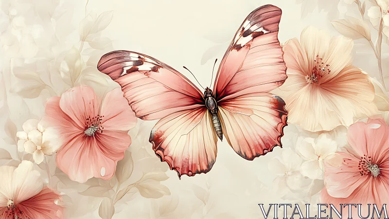 Pastel butterfly poised among soft blush blossoms.