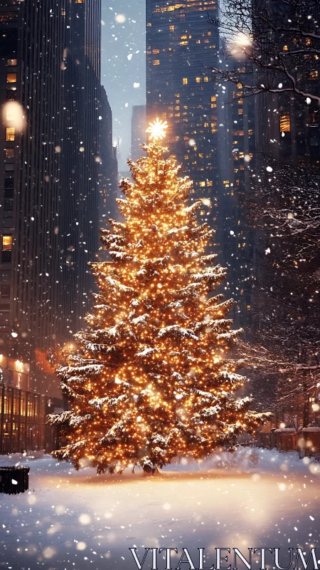 Snowlit city plaza Christmas tree glowing with warm lights.