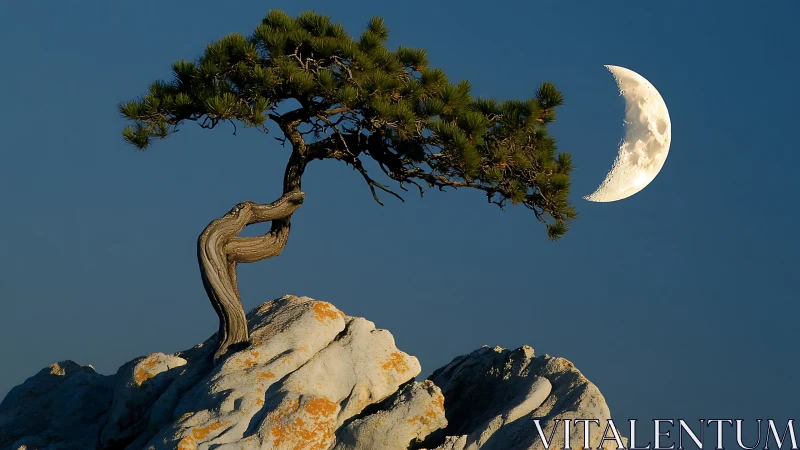 Moon-cradling windswept pine atop weathered silver cliffs.