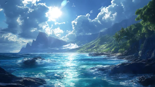 Tropical Paradise Cove: Crystalline Waters Meet Verdant Cliffs.