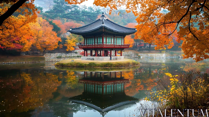 Autumn pavilion dream mirrored in still jade waters.
