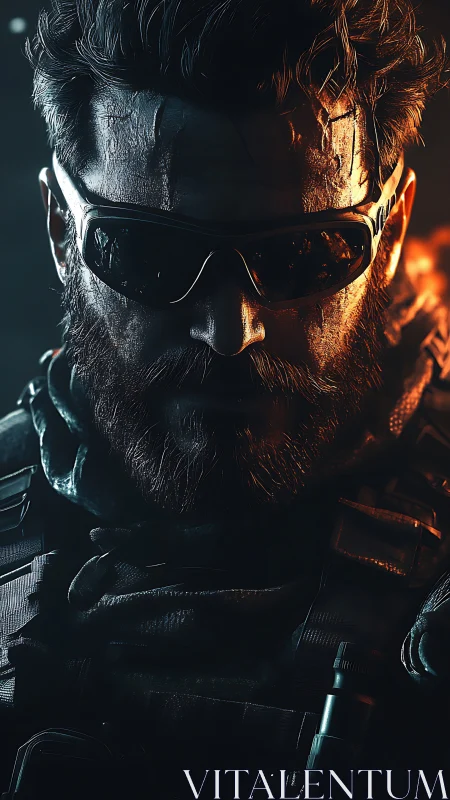 Tactical soldier portrait in harsh cinematic lighting.