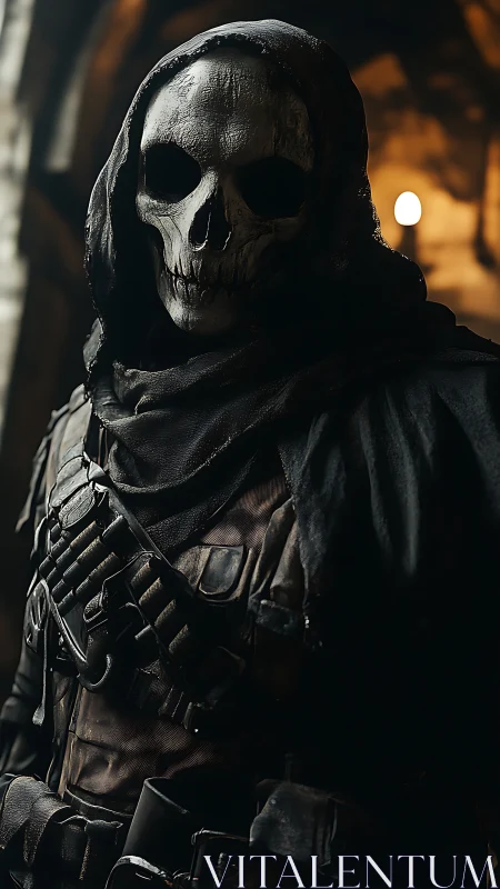 Grim reaper soldier stands in shadowed medieval corridor.