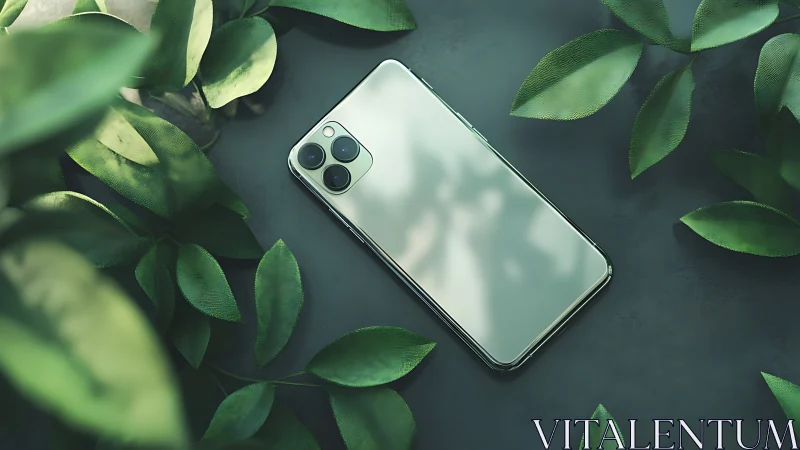 Smartphone rests among green leaves in soft natural light.