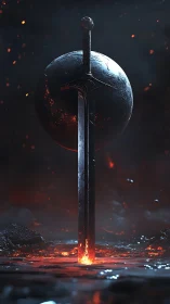 Sword intersects molten terrain and partially eclipsed sphere