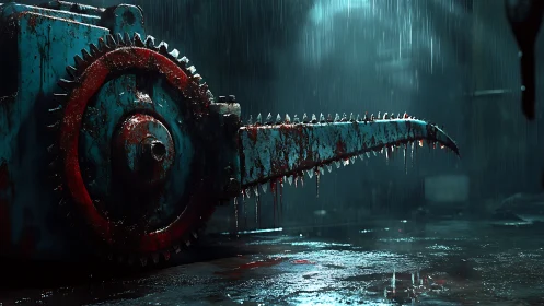 Rain-soaked industrial bone saw mechanism under cold spotlight.