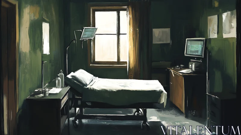 Sunlit patient bed in moody green hospital hideaway.