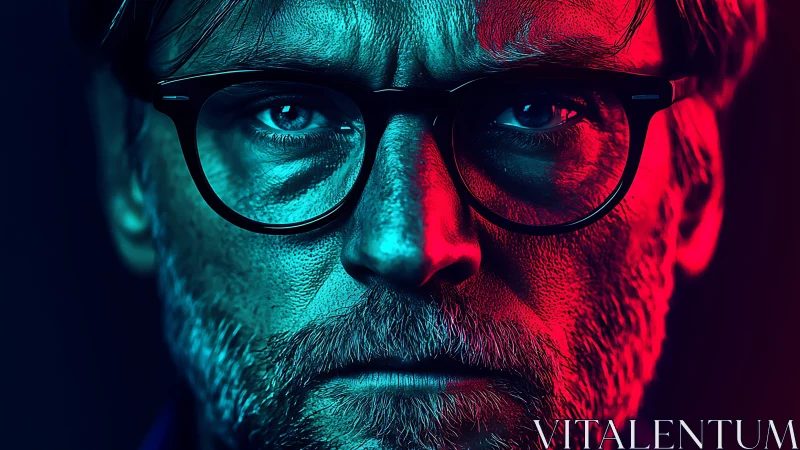 Neon-lit thinker caught between blue logic and red fire.