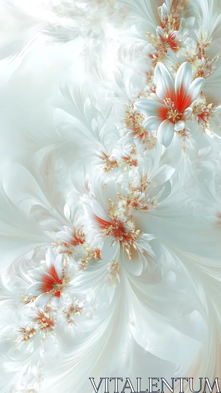 Fractal white lilies with coral centers on flowing silk field.