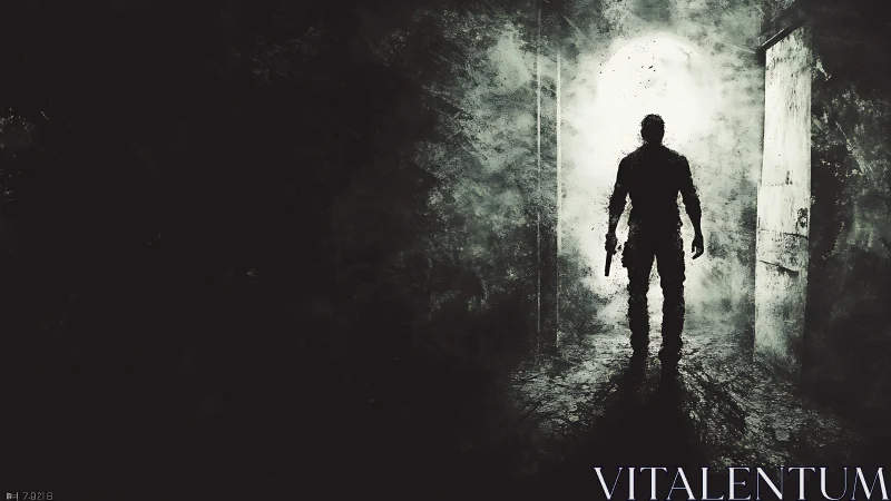 Armed lone figure stands in dark hallway toward doorway.