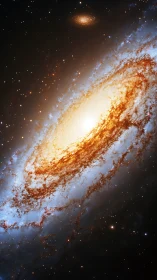 Spiral galaxy core glowing with golden dust and blue halos.