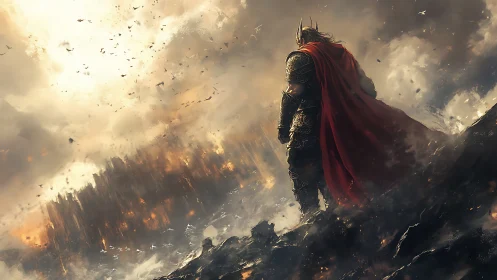 Armored figure surveys burning city beneath turbulent sky