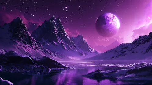 Purple alien mountains rise over icy lake beneath moon