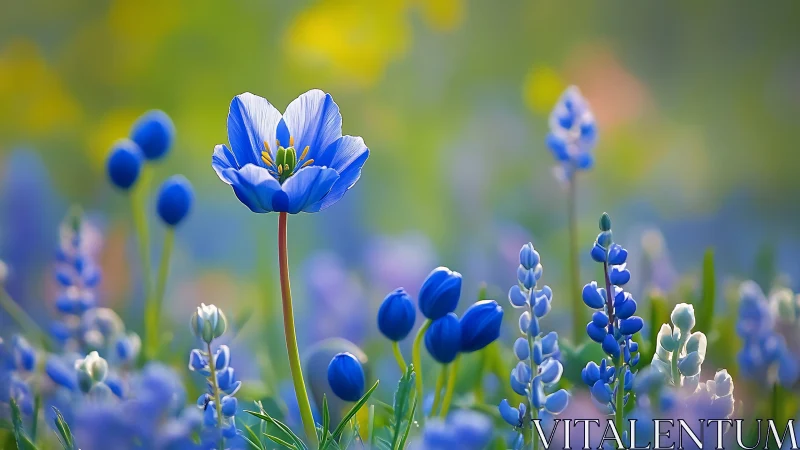 Single blue blossom rises above blurred spring meadow