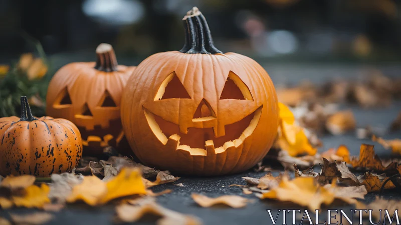Grinning jack o’lantern trio glows amid crisp autumn leaves.