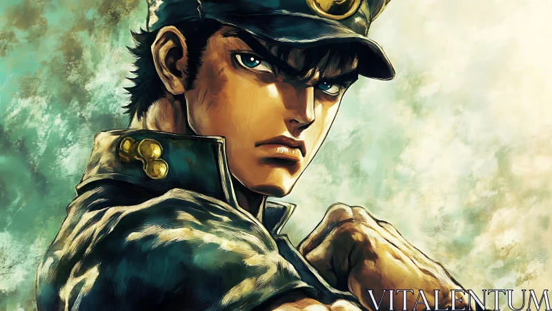 Anime soldier in cap stares forward with clenched fist