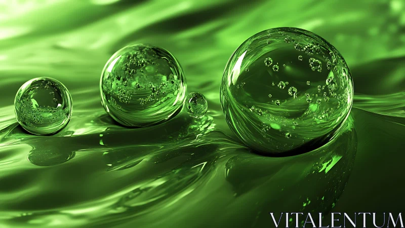 Emerald glass spheres drift over liquid wave surface.