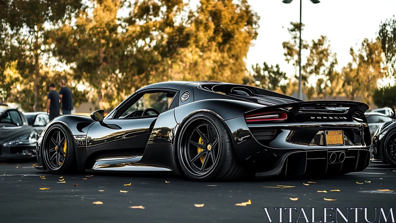 Glossy black Porsche hypercar gleams at sunset meetup.