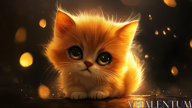 Golden kitten with luminous fur under warm atmospheric lighting.