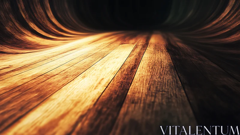 Curved wooden tunnel interior shows illuminated floor planks