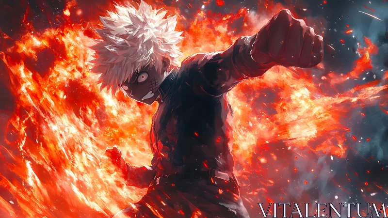 Explosive white-haired fighter drives flaming punch forward.