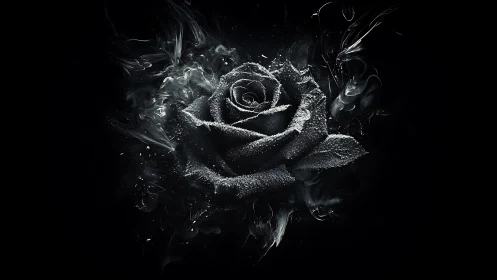 Frozen black rose blooms in swirling midnight smoke