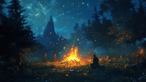 Nocturnal Gathering: Bonfire Under Starlit Sky.